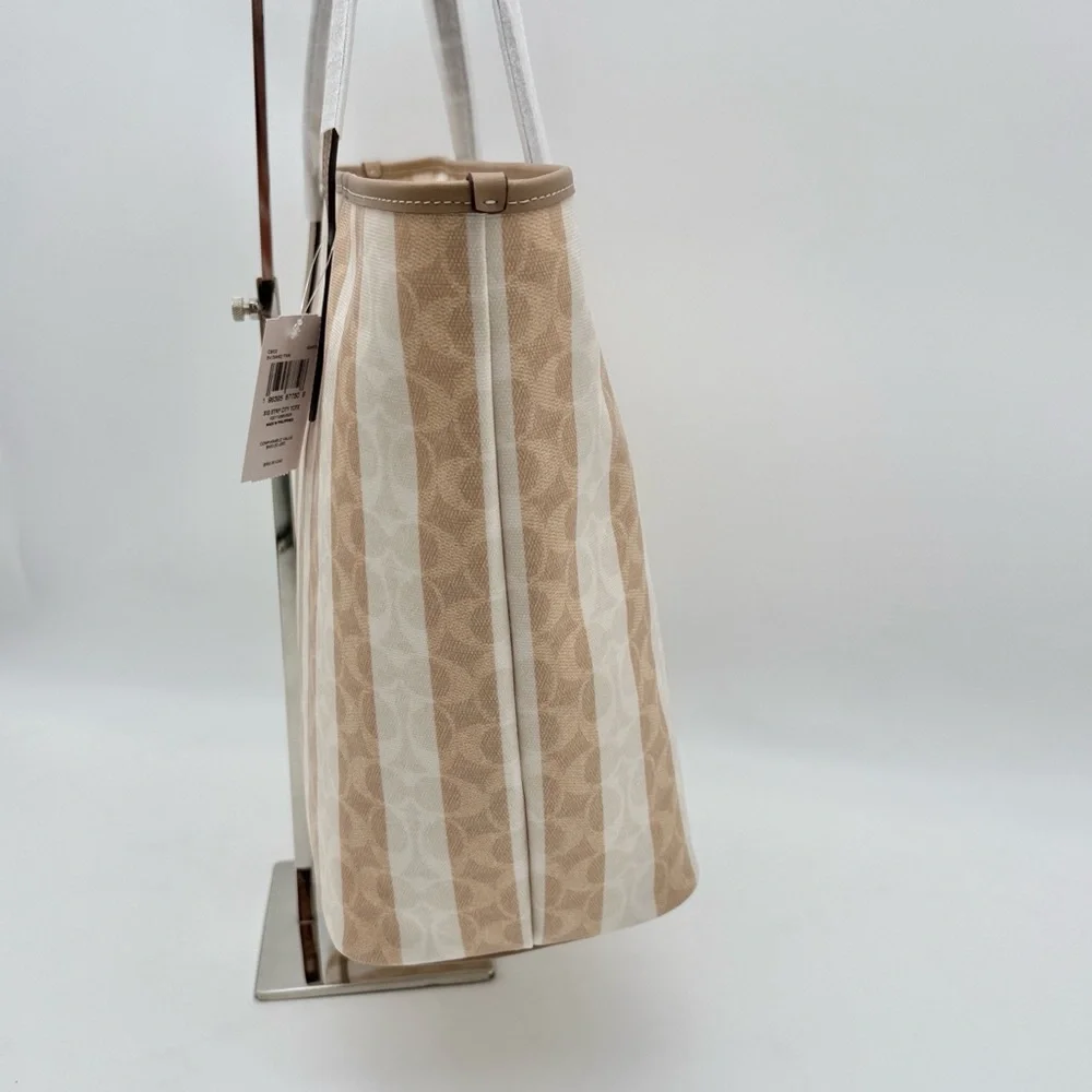 Coach Large City Tote Bag In Signature Canvas With Stripe Silver Sand Tan